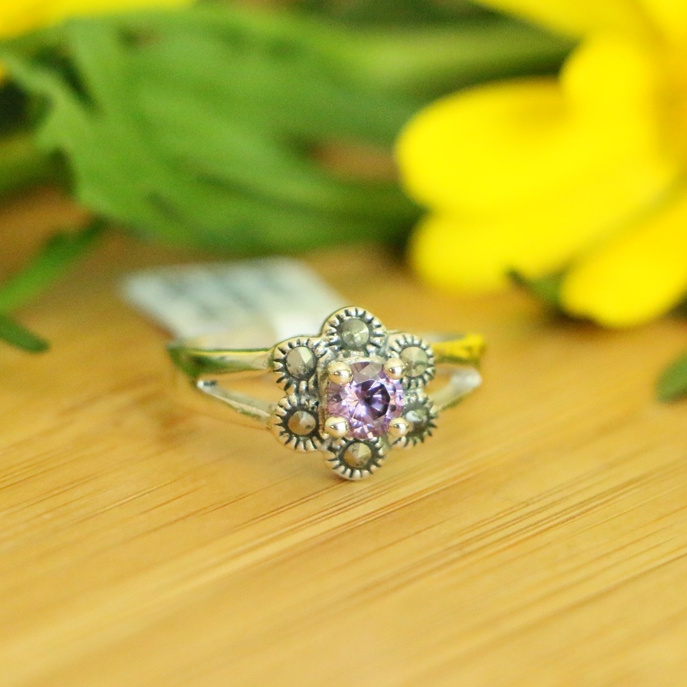 925. Sterling silver marcasite cubic zirconia purple